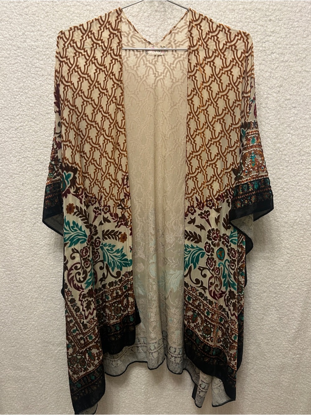 Free People Cream & Brown Printed Sheer Kimono